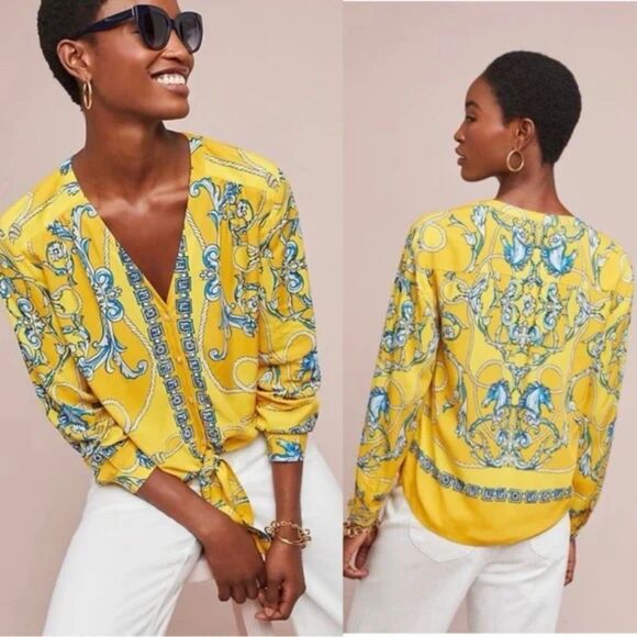 Anthropologie Maeve Elan Scarf Print Blouse 0 Yellow Horse Tie Front Equestrian - Picture 1 of 15